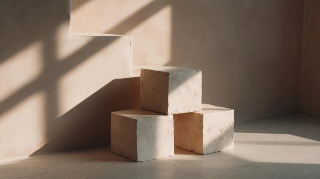 Three square-shaped concrete blocks stacked on top of each other on a concrete floor. the blocks are light beige in color and appear to be made of a similar material.