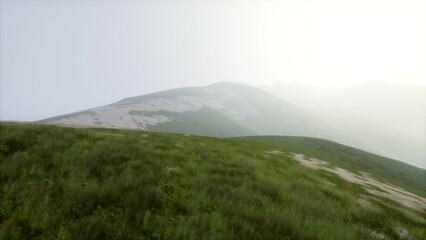 Fototapeta premium Vibrant green hills roll gently under a soft blanket of mist, as the early morning light paints the landscape in subtle hues. Nature awakens with serenity in this tranquil setting.