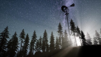 A windmill stands tall against a vibrant night sky filled with shimmering stars. Silhouetted pine trees surround the structure, creating a serene and enchanting atmosphere of nature. © icetray
