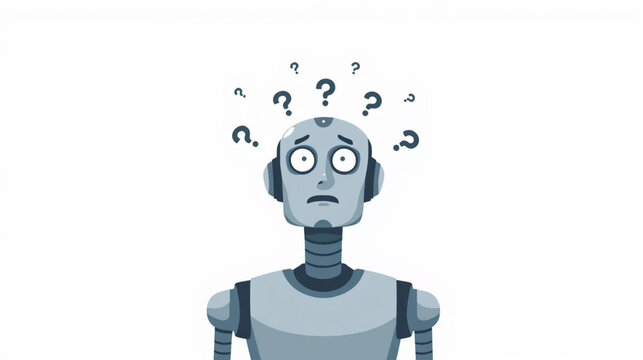cartoon illustration of A human robot surrounded by floating black question on white background