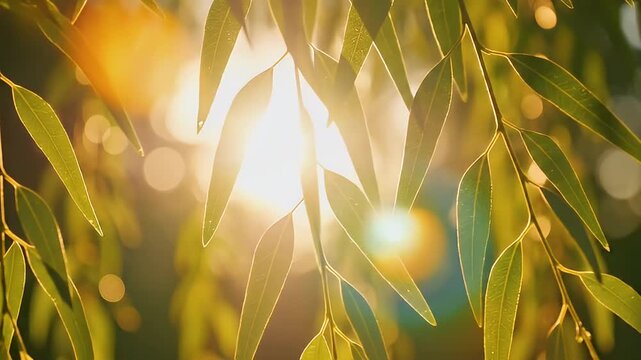 Eucalyptus leaves backlit by golden sun creating natural bokeh