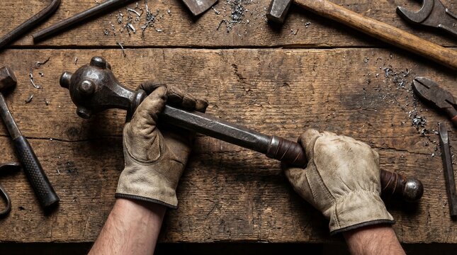 Overhead View of a Craftsman in Work Gloves Holding a Heavy Iron Mace on a Rustic Wooden Workbench with Tools
