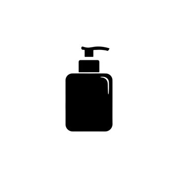 Solid black silhouette of a square cosmetic lotion bottle with pump clean modern look Vector illustration