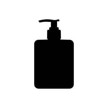 Solid black silhouette of a square cosmetic lotion bottle with pump flat minimal design Vector illustration