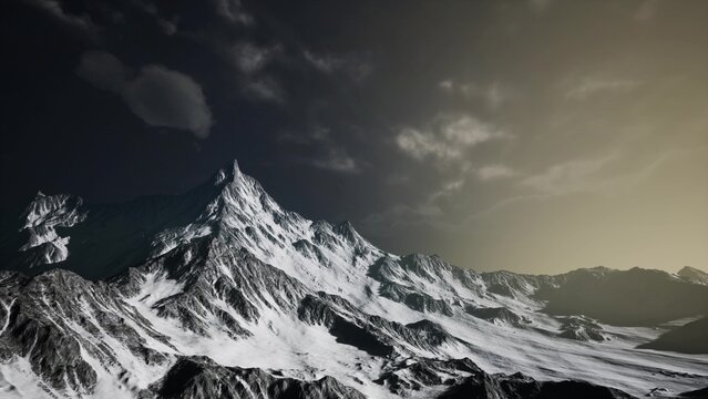 An impressive mountain peak stands tall against a twilight backdrop, its snow capped summit piercing the cloud dotted sky. Surrounding valleys and rugged terrain showcase natures beauty.