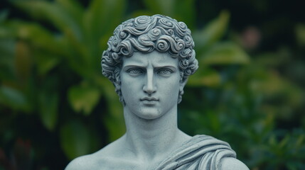 Obraz premium marble bust sculpture classical young man lush green garden elegant statue art