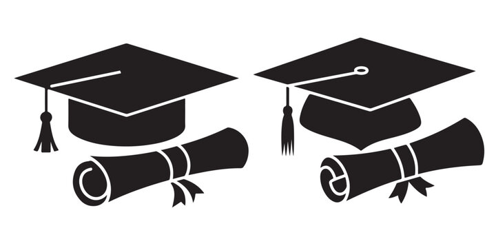 Graduation cap and diploma icon collection in outline and solid silhouette styles