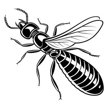 Detailed Black and White Insect Vector Illustration, Winged Ant or Termite Graphic, Scientific Entomology Art, Clean Line Drawing for Nature and Science Projects