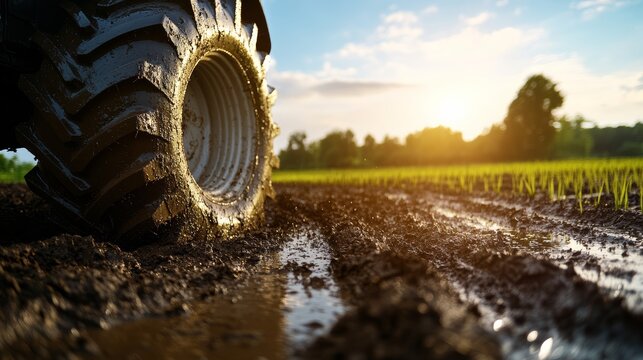 Tractor tire imprint in muddy field agricultural landscape close-up photography natural environment sunrise view sustainable farming concept
