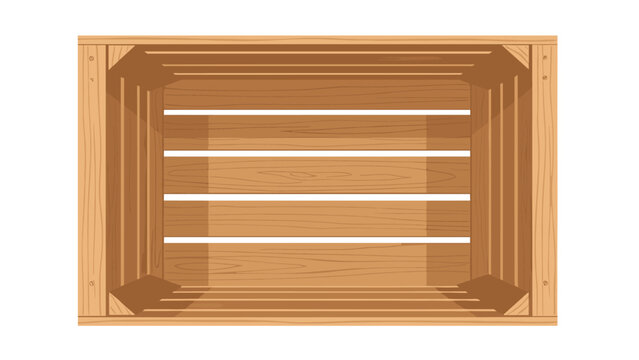 Top view of an empty rectangular wooden crate made of light brown planks often used for shipping or storage of fruits and goods.
