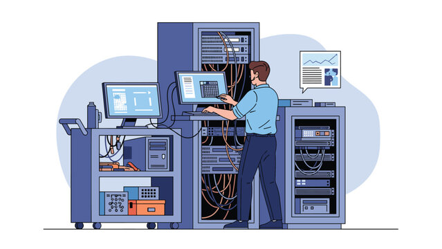 Technical engineer monitors and maintains computer servers in a data center while using specialized equipment and workstations.