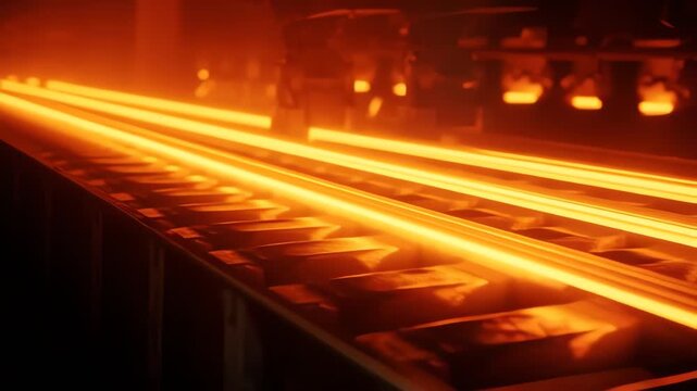 Steel billet production in iron foundry using continuous casting machine with industrial pipeline movement in modern manufacturing concept