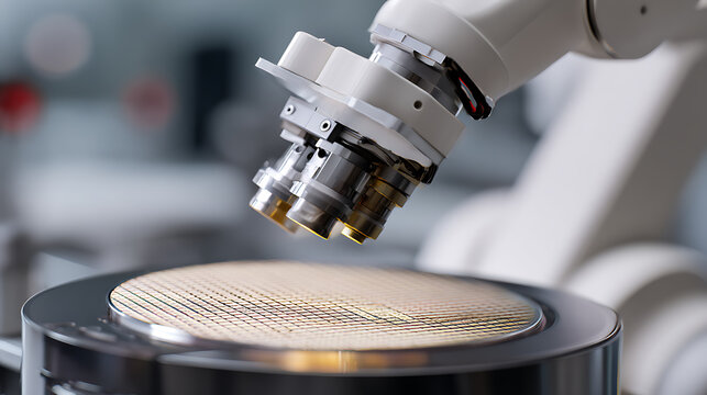 Industrial Robot Arm with Microscope Examine Microchip Wafer Surface Precision Automation Manufacturing Semiconductor Technology Macro View