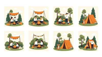 Fototapeta premium Series of outdoor camping illustrations show families sitting by a bonfire, roasting marshmallows, and resting near a tent.