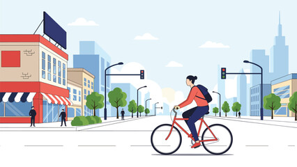 Fototapeta premium Active woman in casual clothing and a backpack rides her red bicycle down a wide city street past urban shops and traffic.