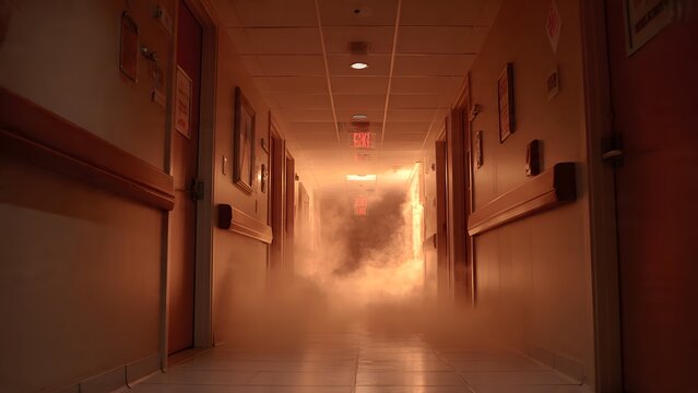 Subterranean hospital service tunnel split by one-sided wall of flames and directional smoke under harsh fluorescent glare