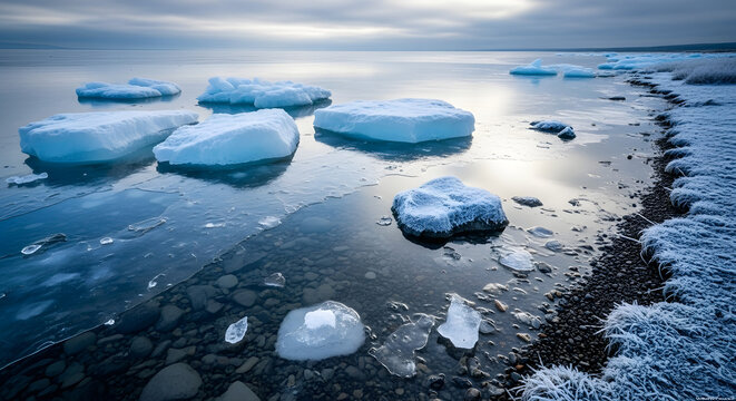 Floating ice chunks on cold water surface.