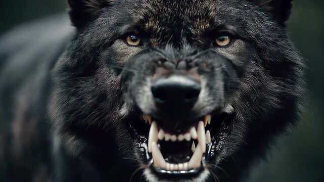 Close up of a black wolf showing sharp teeth and fierce eyes in a dark forest setting during twilight hours