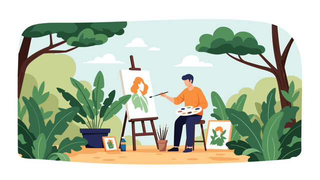 Talented artist sits on a stool in a lush green park while painting a beautiful woman's portrait on a canvas with a brush.