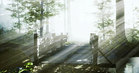 Soft rays of sunlight pierce through the dense trees, casting an ethereal glow on a rustic wooden bridge nestled in a peaceful forest. Mist lingers, enhancing the serene atmosphere. © icetray