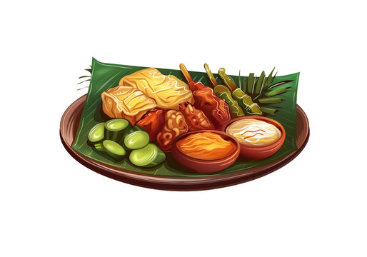 Hari Raya traditional food plate with ketupat and rendang illustration, festive cultural dish