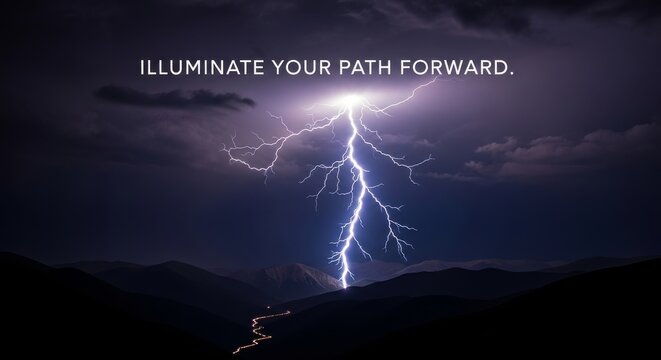 Bright Lightning Bolt Illuminating Night Sky Over Mountains