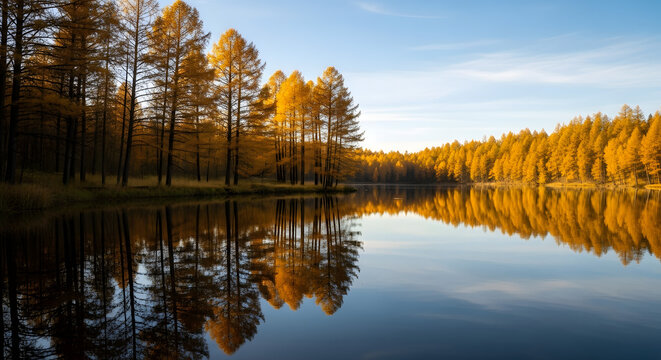 Golden Autumn Forest Reflected in Calm Lake Water.