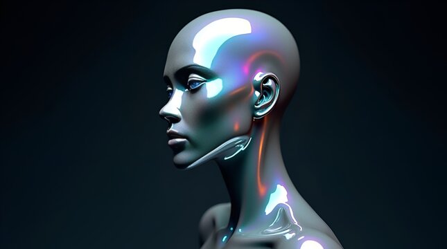 Futuristic digital sculpture of a human head, side profile orientation with smooth metallic texture and luminous holographic reflections