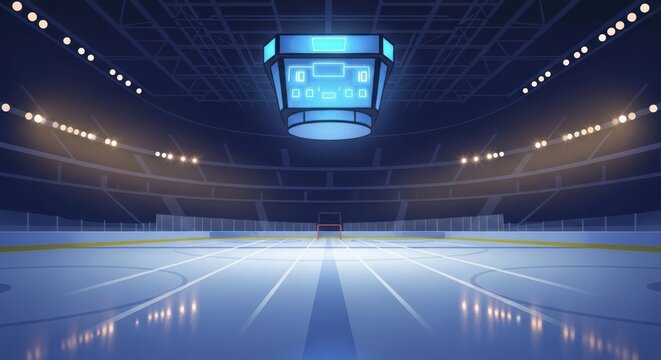 Ice hockey arena with empty ice rink and overhead scoreboard at night