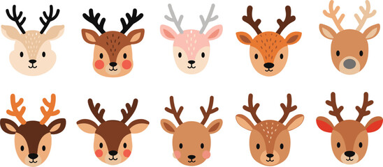 Obraz premium Cute Reindeer Face Icon Set with Cartoon Deer Heads, Antlers, Winter Holiday Characters, Christmas Animals, Forest Wildlife Designs for Kids and Digital Media
