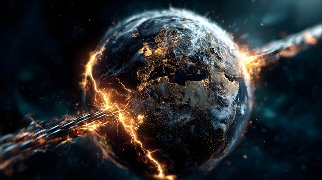 planet earth connected by burning fuse and molten energy stream global crisis concept perfect for tension narrative, geopolitical illustration