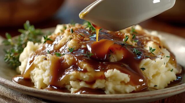 Creamy mashed potatoes with rich brown gravy being poured on top in a cozy kitchen setting with fresh herbs