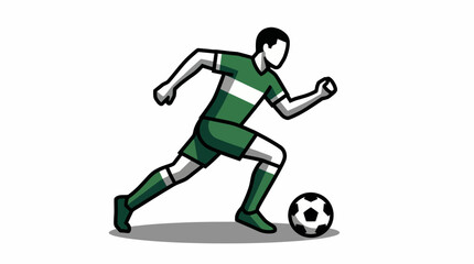 Obraz premium Dynamic illustration of a male soccer player in a green uniform actively dribbling a football on a white background