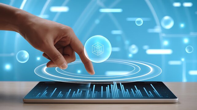 Hand interacting with futuristic interface on a tablet with glowing blue graphics and a 3d cube icon