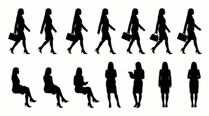 Fototapeta premium Diverse Silhouettes of Professional Businesswomen in Various Walking, Sitting, and Standing Poses