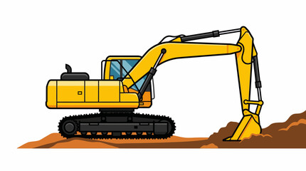Obraz premium Yellow excavator digging in brown soil with a bucket and treads on a white background