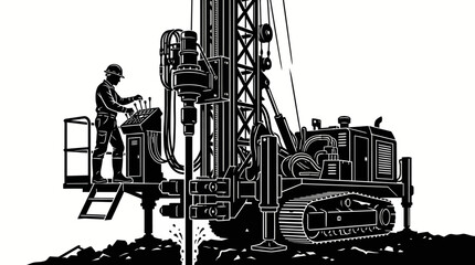 Obraz premium Industrial Drilling Rig Operation with Worker Ground Exploration and Excavation