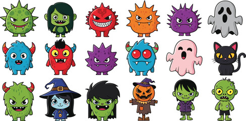 Fototapeta premium Halloween Cartoon Monster, Witch, Ghost, and Zombie Character Set with Fun Poses for Kids, Stickers, Nursery, Party, and Fantasy Illustrations
