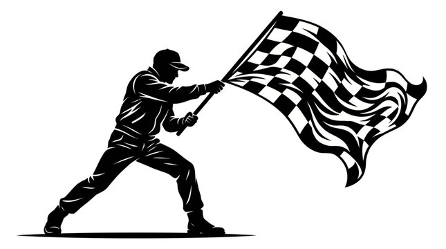 Checkered flag waving man, symbol of racing victory and finish line