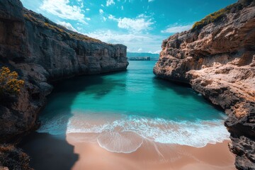 Fototapeta premium Secluded cove with turquoise water and soft waves under blue sky, rocky cliff coastline with sandy beach and calm sea