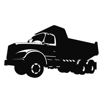 Heavy dump truck silhouette vector, industrial construction tipper truck icon, black and white commercial freight vehicle for logistics and hauling
