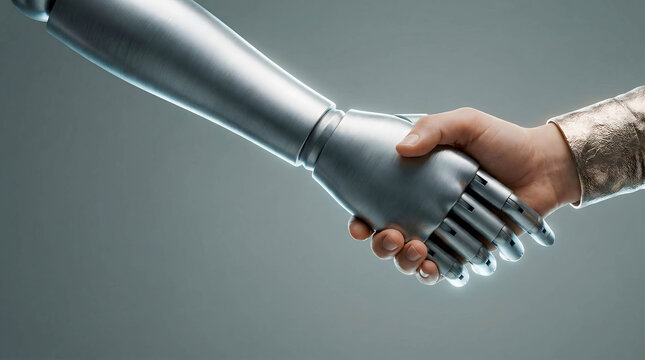 Human hand shaking with robotic hand in modern digital environment  
