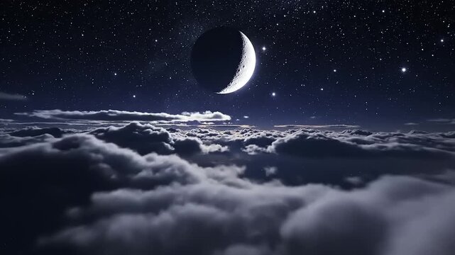 A serene night sky features a crescent moon shining over a blanket of clouds