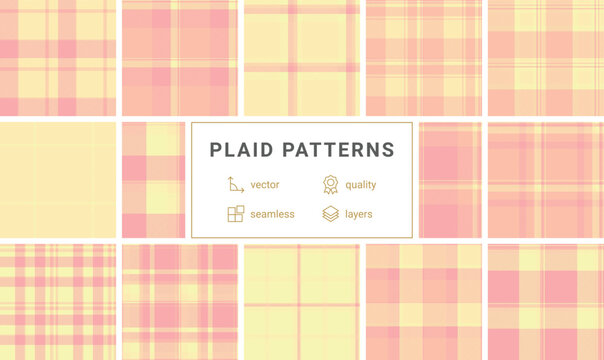 Elegant seamless tartan plaid pattern in soft pastel pink and warm yellow. This versatile geometric check design is ideal for spring fashion, textile prints, stationery, and nursery decor.