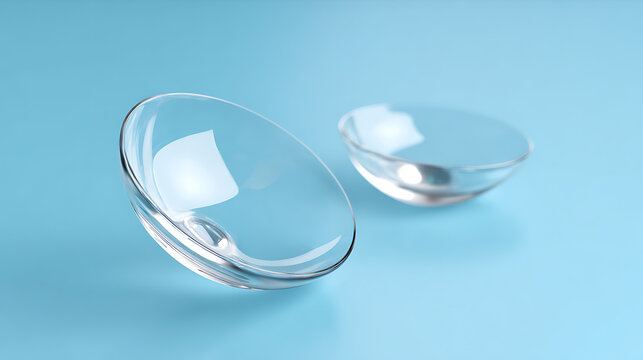 Clear Ophthalmic Lenses for Vision Correction and Daily Comfort on a Bright Blue Surface, Health and Optometry Concept, Medical Devices