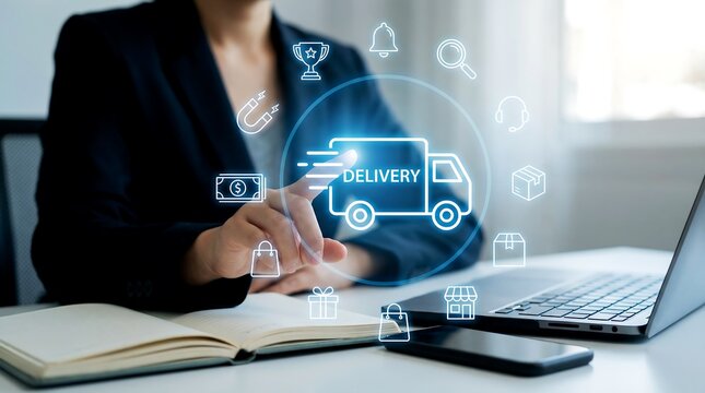 Digital delivery service concept, a businesswoman interacting with a glowing blue delivery truck icon, surrounded by e-commerce and logistics symbols