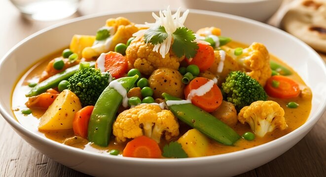 A colorful vegetable curry dish with cauliflower, broccoli, carrots, peas, and potatoes in a white bowl on a wooden table.