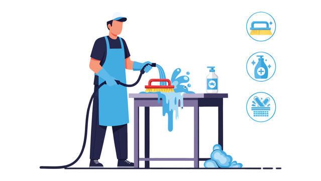 The Art of Immaculate Maintenance: A dedicated professional meticulously cleans a surface with a hose, embodying the essence of sanitation and hygiene, surrounded by cleaning supplies. 