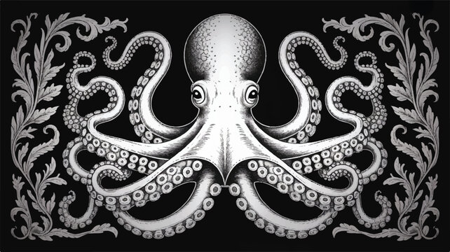 A black and white illustration of an octopus surrounded by floral patterns