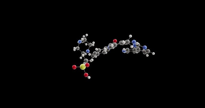 Imatinib mesylate molecule, rotating 3D model of antineoplastic agent, looped video on a black background
